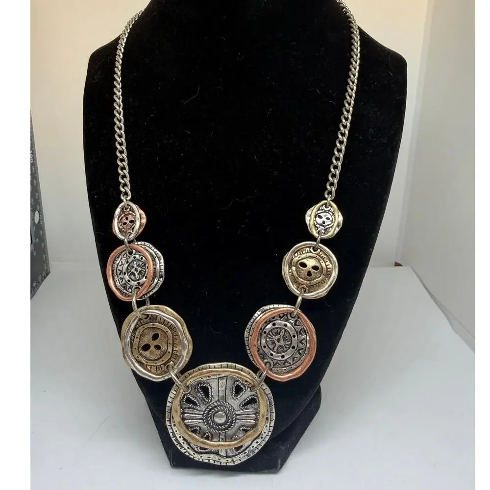 Mixed Metal Statement Necklace Boho Medallion Tribal Silver Copper Brass Jewelry